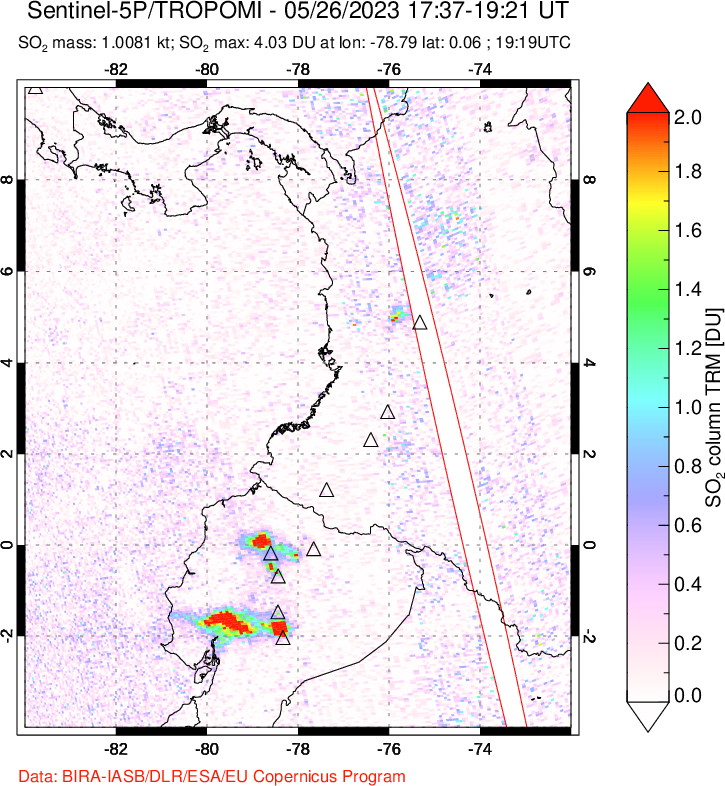 A sulfur dioxide image over Ecuador on May 26, 2023.