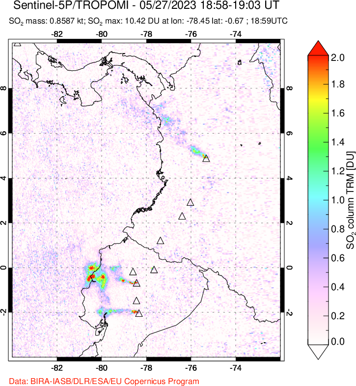 A sulfur dioxide image over Ecuador on May 27, 2023.