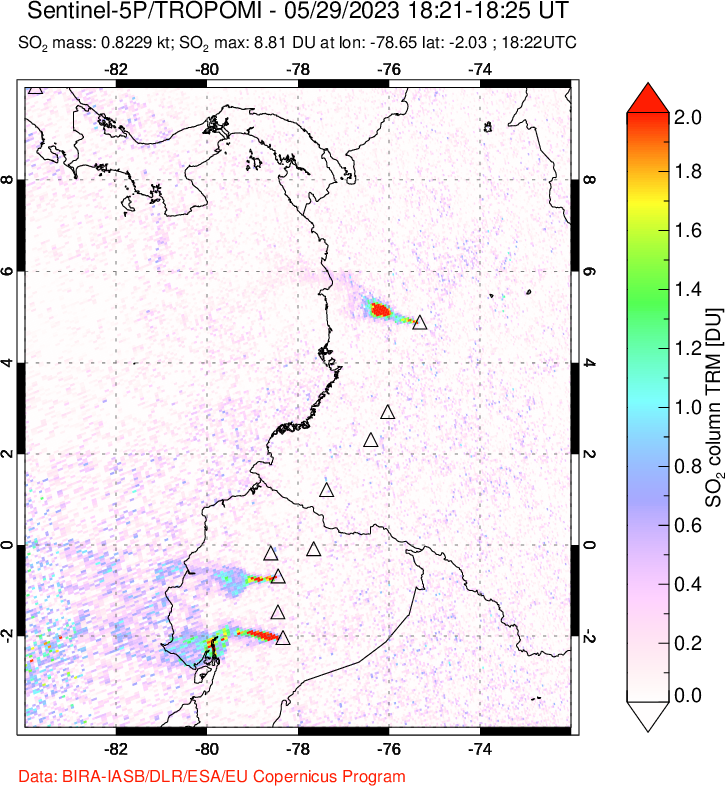 A sulfur dioxide image over Ecuador on May 29, 2023.