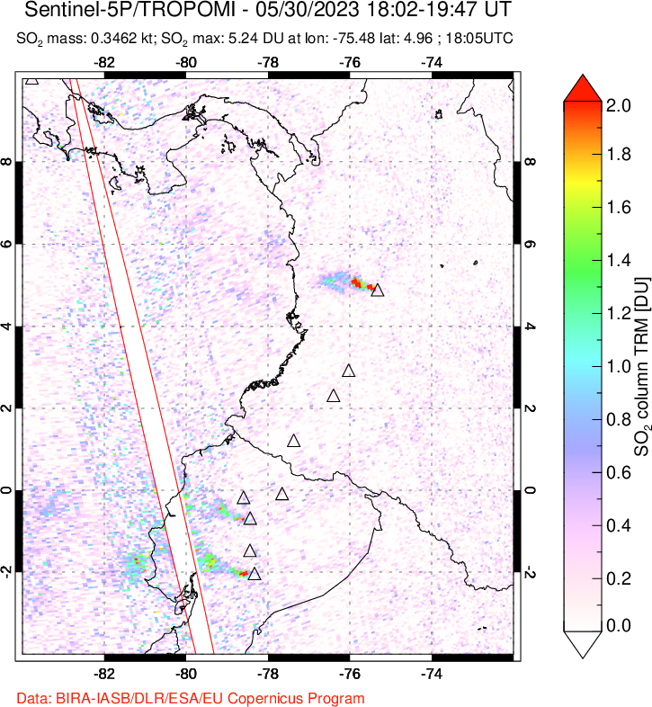 A sulfur dioxide image over Ecuador on May 30, 2023.
