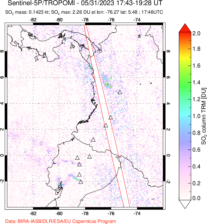 A sulfur dioxide image over Ecuador on May 31, 2023.