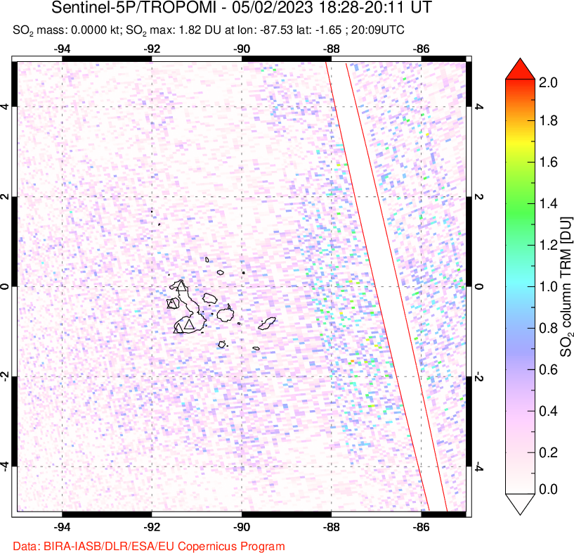 A sulfur dioxide image over Galápagos Islands on May 02, 2023.