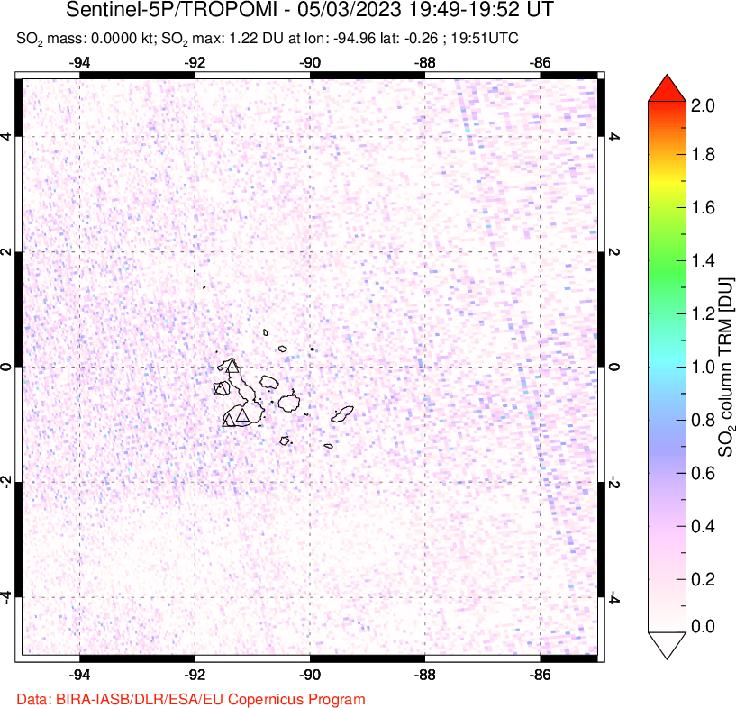 A sulfur dioxide image over Galápagos Islands on May 03, 2023.