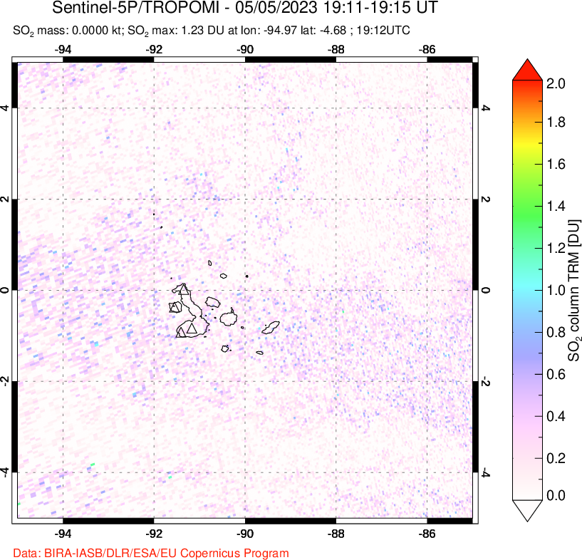 A sulfur dioxide image over Galápagos Islands on May 05, 2023.
