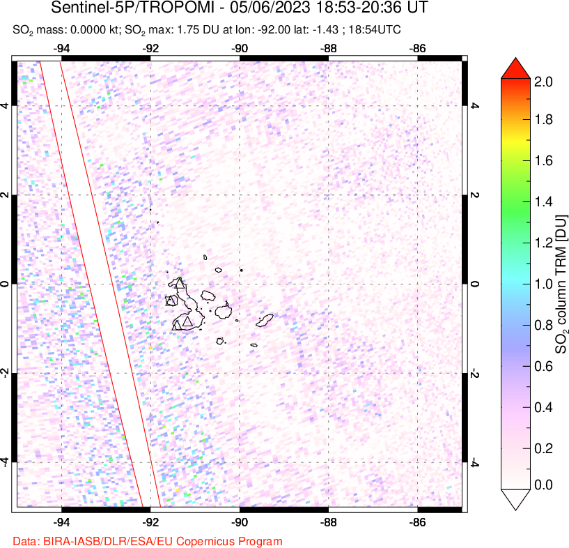 A sulfur dioxide image over Galápagos Islands on May 06, 2023.