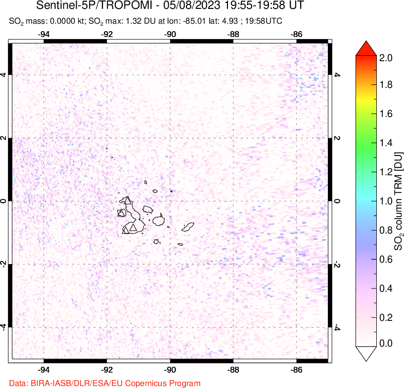 A sulfur dioxide image over Galápagos Islands on May 08, 2023.