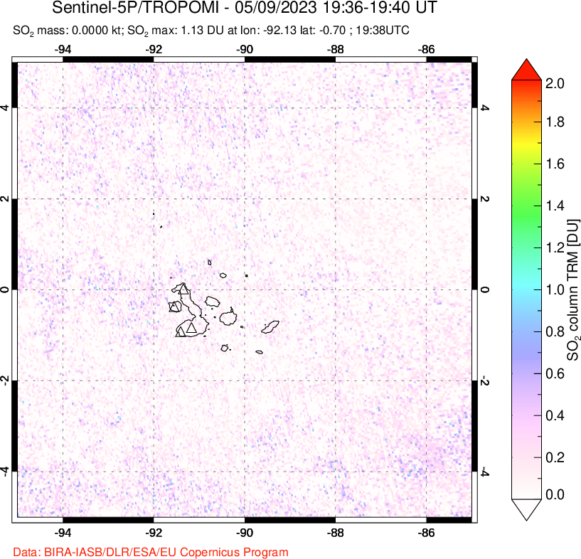 A sulfur dioxide image over Galápagos Islands on May 09, 2023.