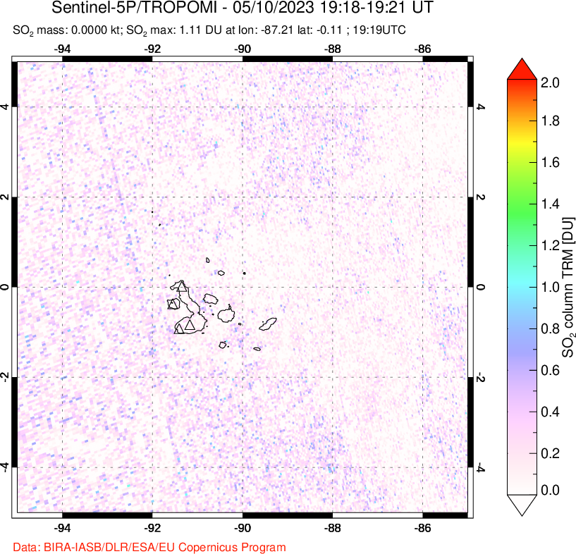 A sulfur dioxide image over Galápagos Islands on May 10, 2023.