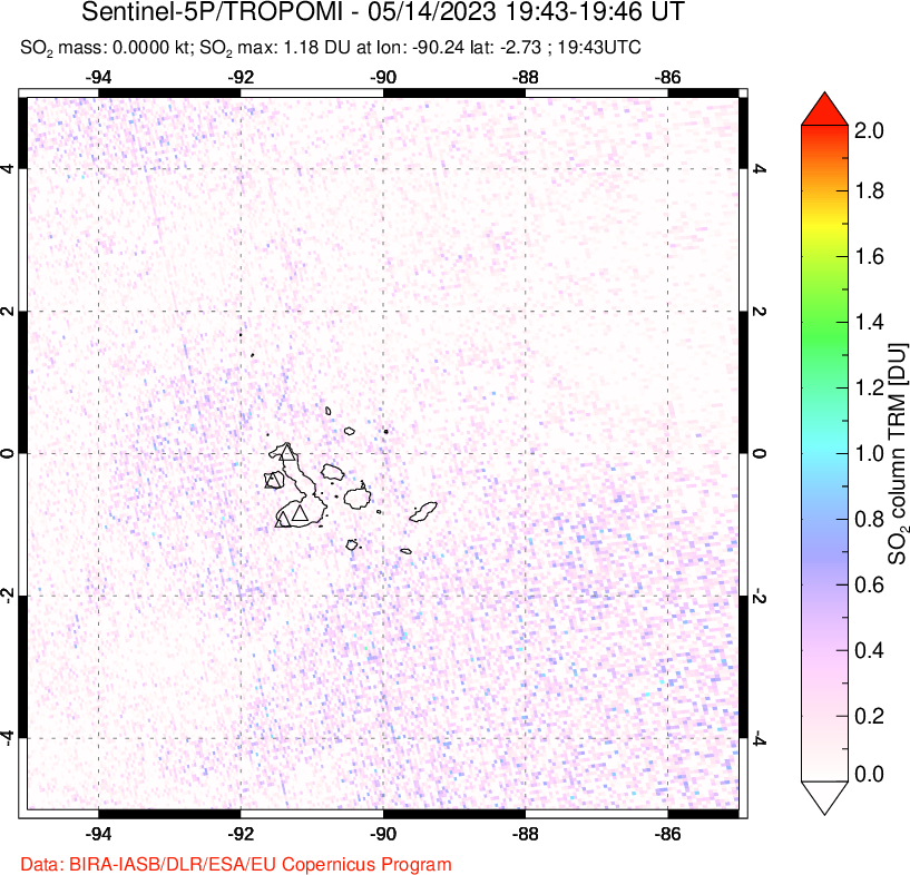 A sulfur dioxide image over Galápagos Islands on May 14, 2023.