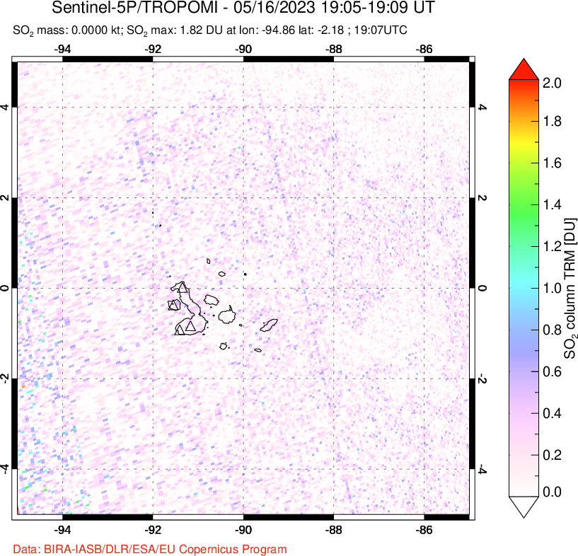 A sulfur dioxide image over Galápagos Islands on May 16, 2023.