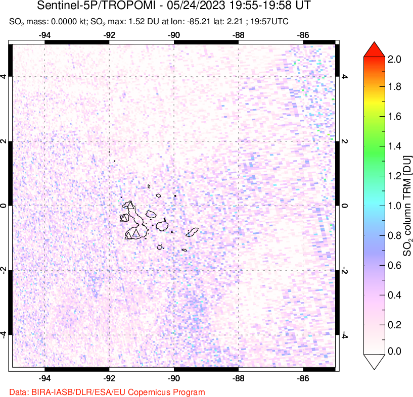 A sulfur dioxide image over Galápagos Islands on May 24, 2023.