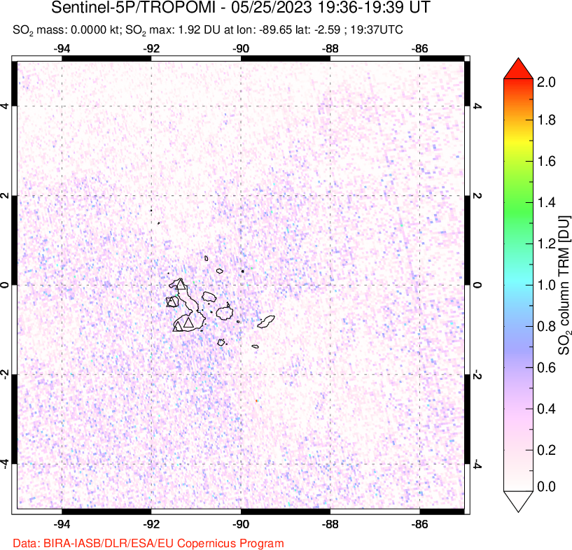 A sulfur dioxide image over Galápagos Islands on May 25, 2023.