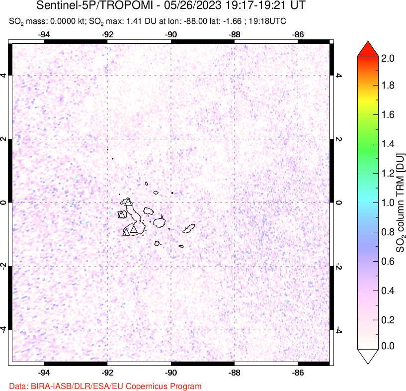 A sulfur dioxide image over Galápagos Islands on May 26, 2023.