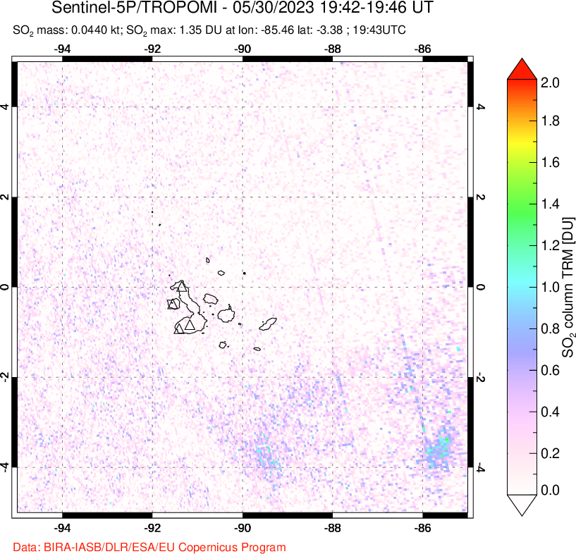 A sulfur dioxide image over Galápagos Islands on May 30, 2023.