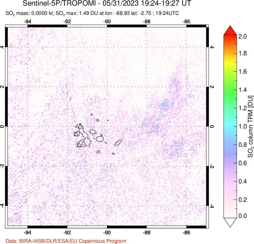 A sulfur dioxide image over Galápagos Islands on May 31, 2023.