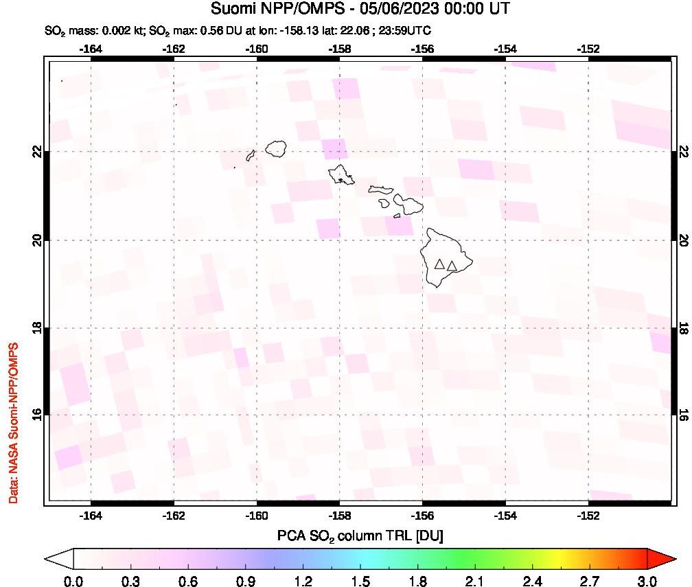 A sulfur dioxide image over Hawaii, USA on May 06, 2023.