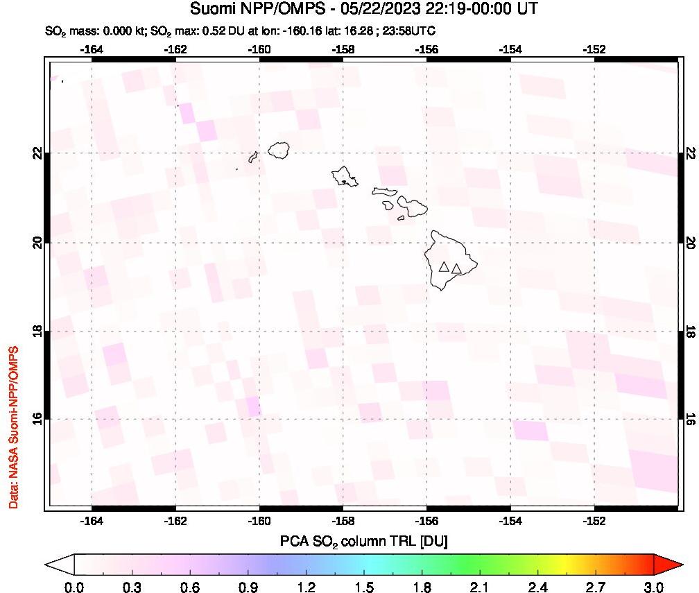 A sulfur dioxide image over Hawaii, USA on May 22, 2023.