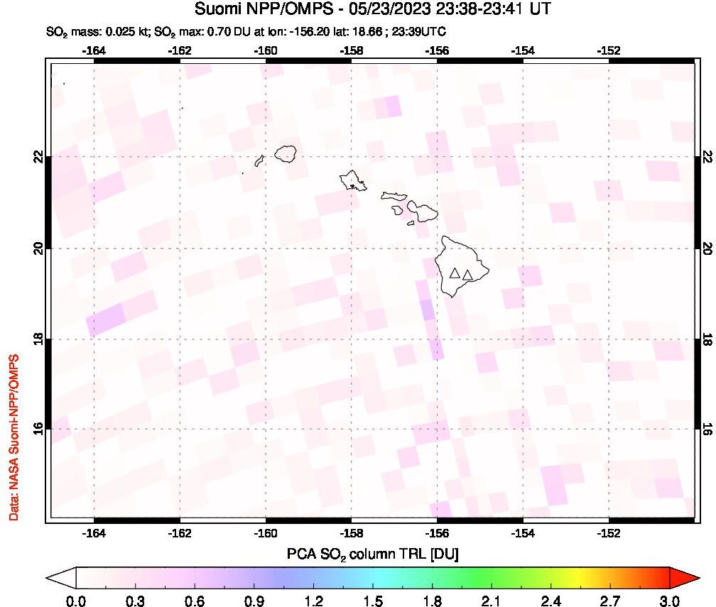 A sulfur dioxide image over Hawaii, USA on May 23, 2023.