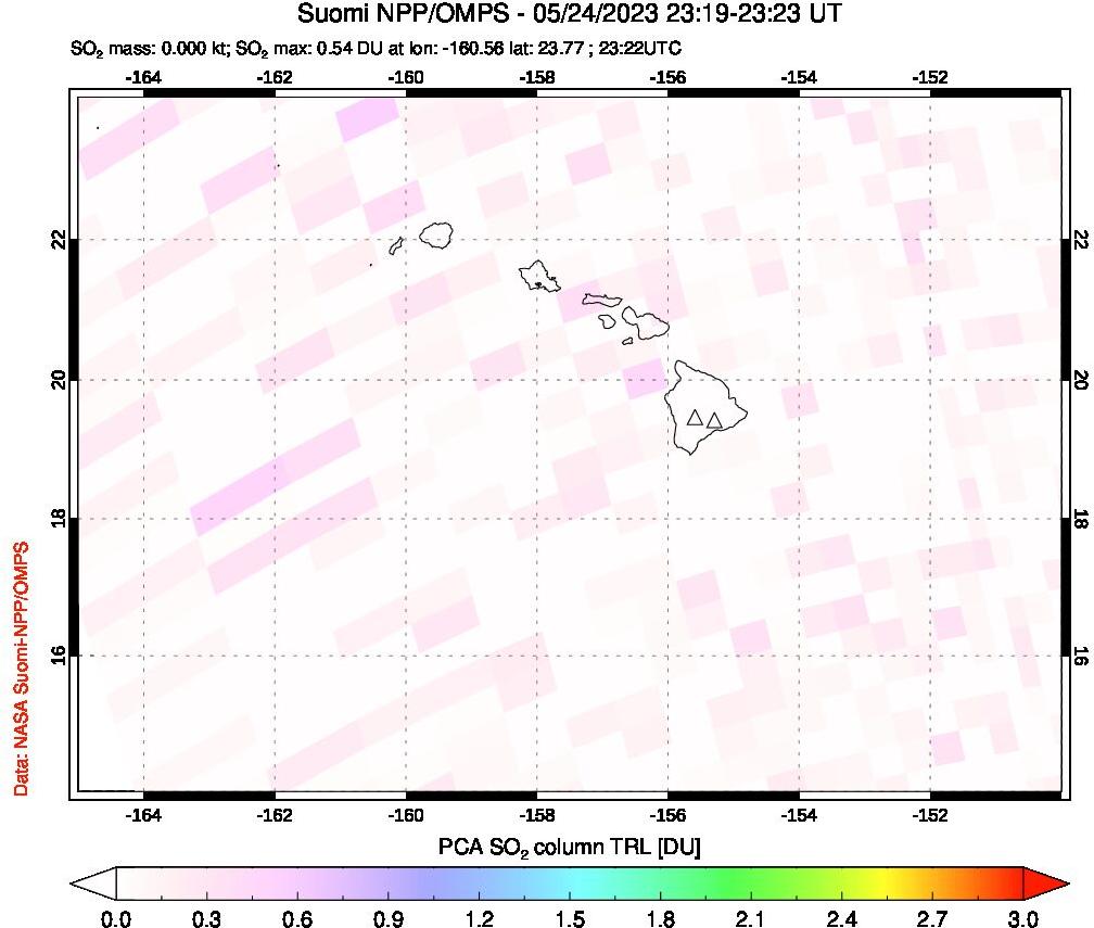 A sulfur dioxide image over Hawaii, USA on May 24, 2023.