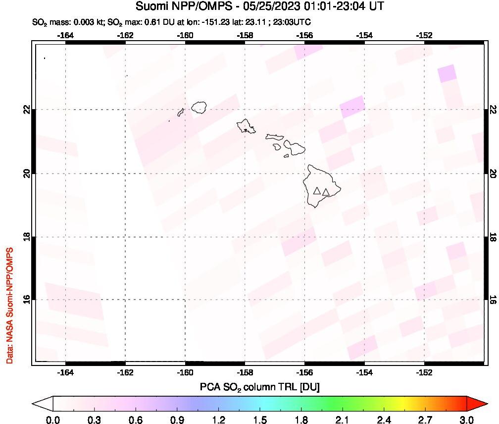 A sulfur dioxide image over Hawaii, USA on May 25, 2023.