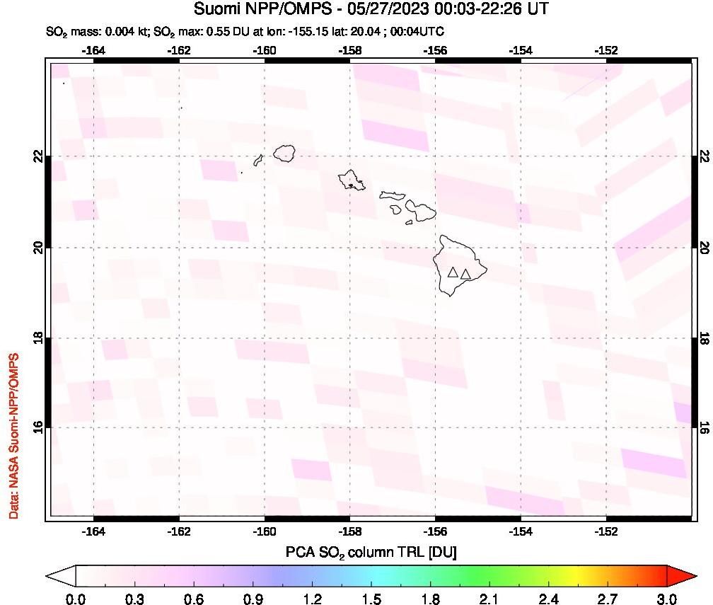 A sulfur dioxide image over Hawaii, USA on May 27, 2023.