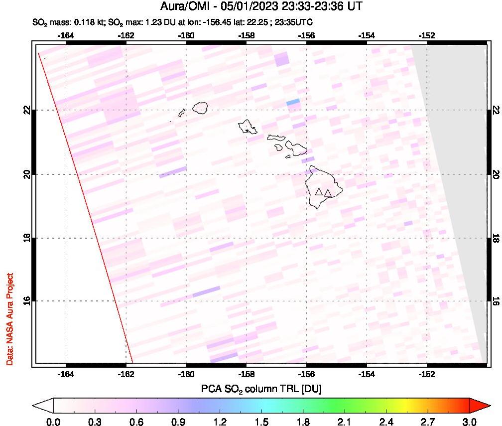 A sulfur dioxide image over Hawaii, USA on May 01, 2023.