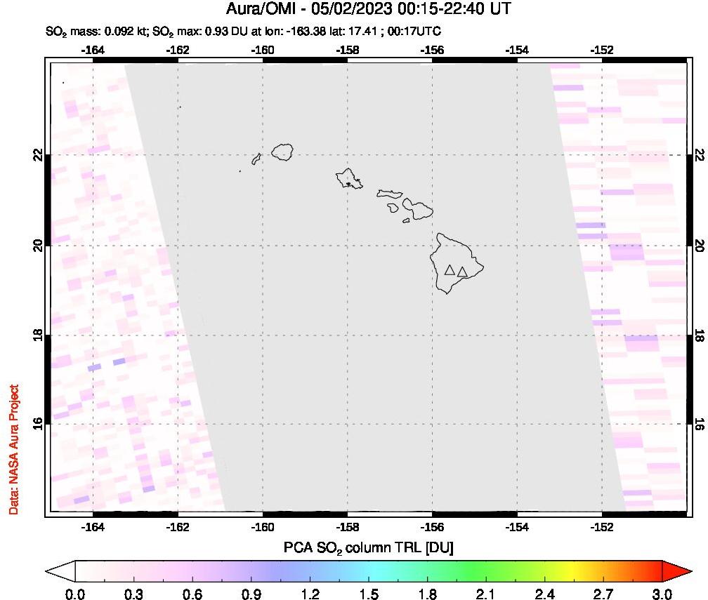 A sulfur dioxide image over Hawaii, USA on May 02, 2023.