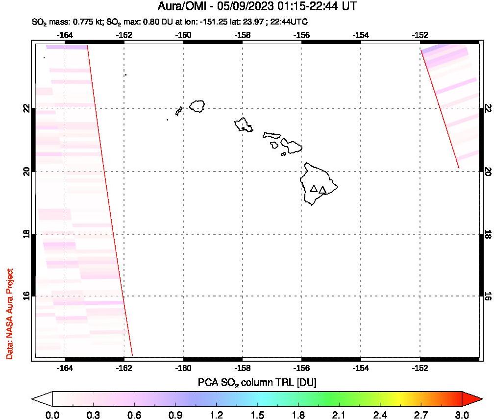 A sulfur dioxide image over Hawaii, USA on May 09, 2023.