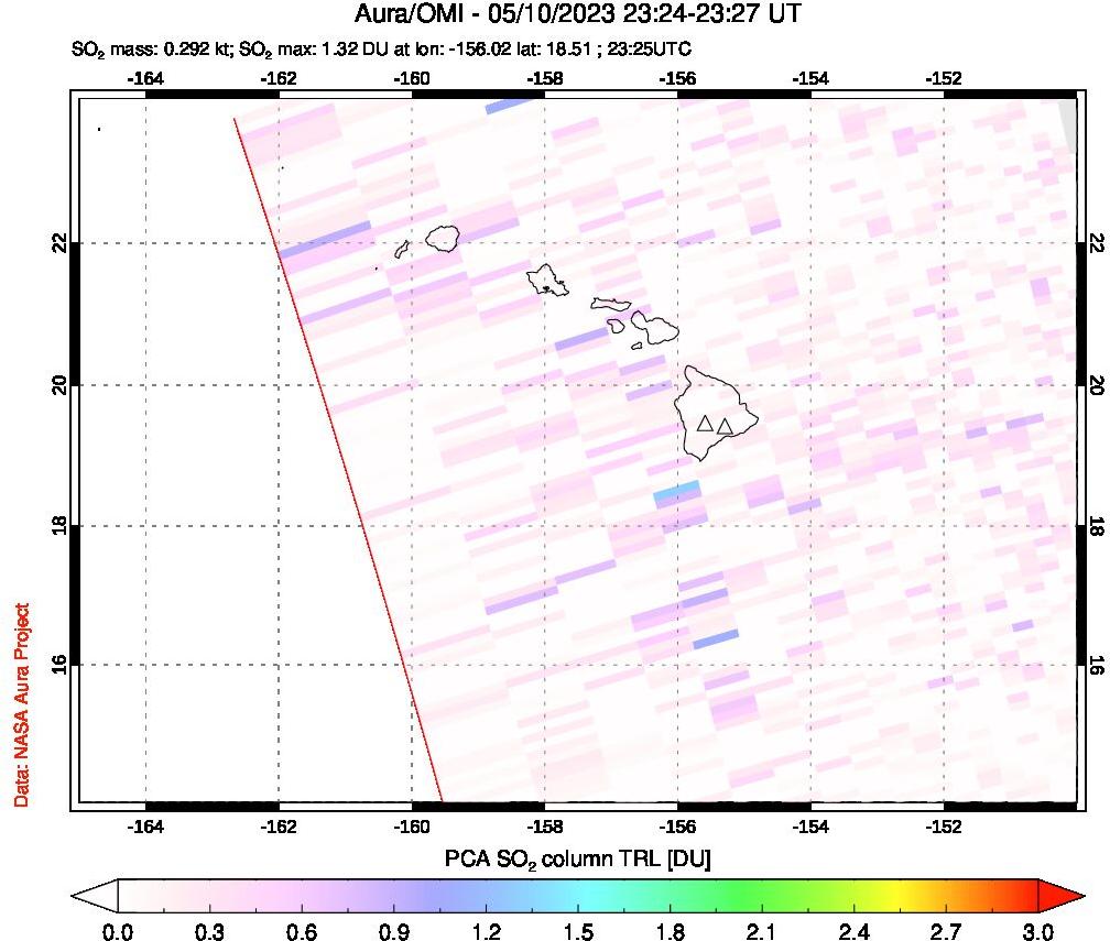 A sulfur dioxide image over Hawaii, USA on May 10, 2023.