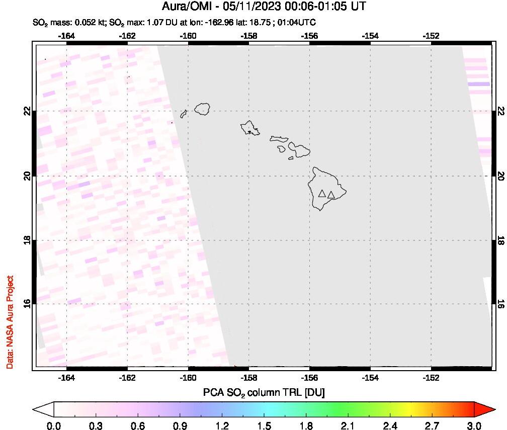A sulfur dioxide image over Hawaii, USA on May 11, 2023.