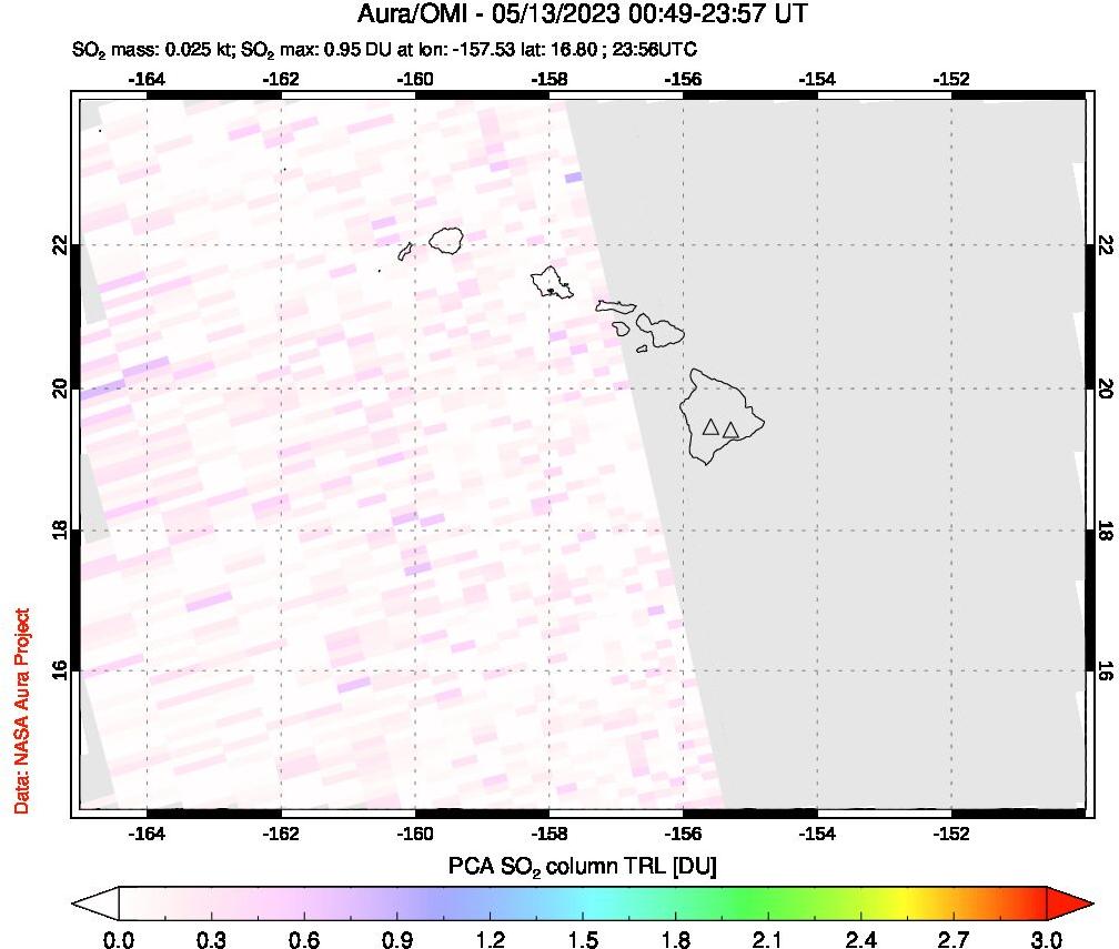 A sulfur dioxide image over Hawaii, USA on May 13, 2023.