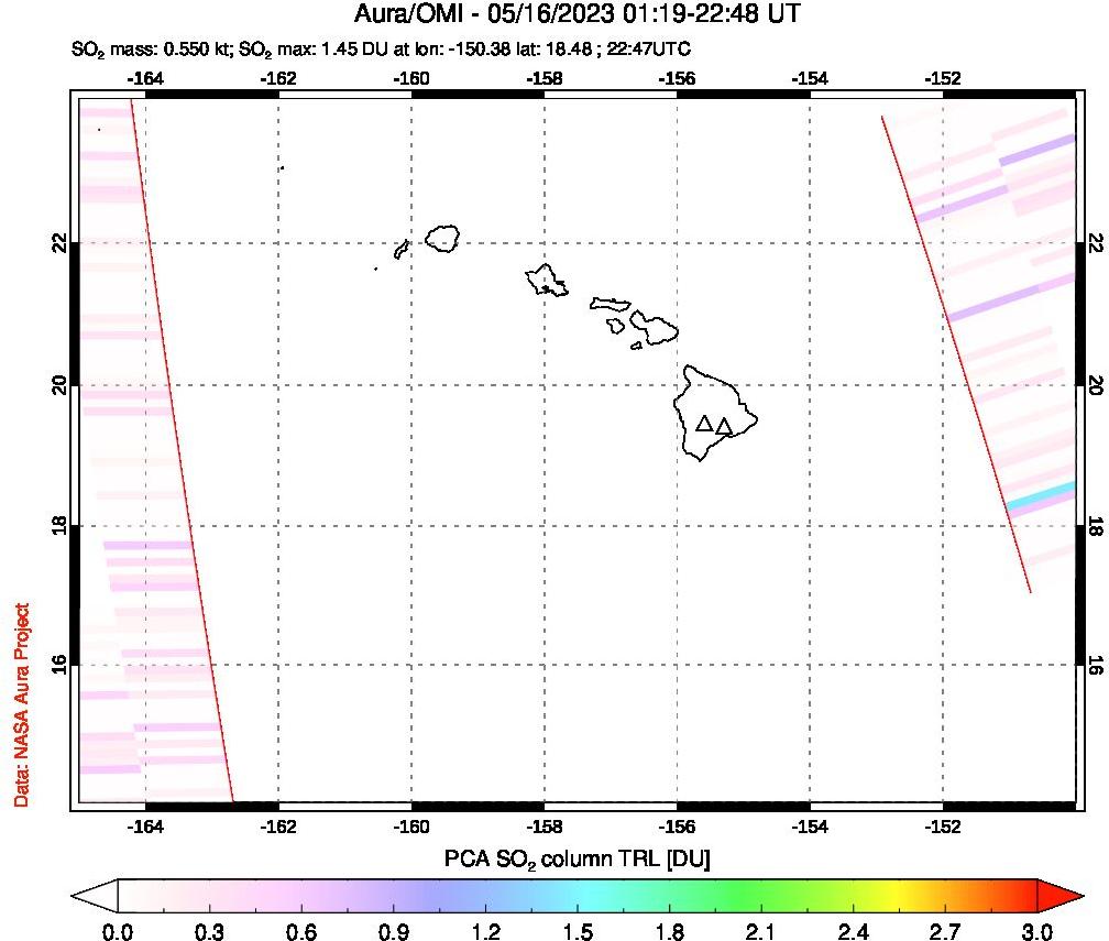 A sulfur dioxide image over Hawaii, USA on May 16, 2023.