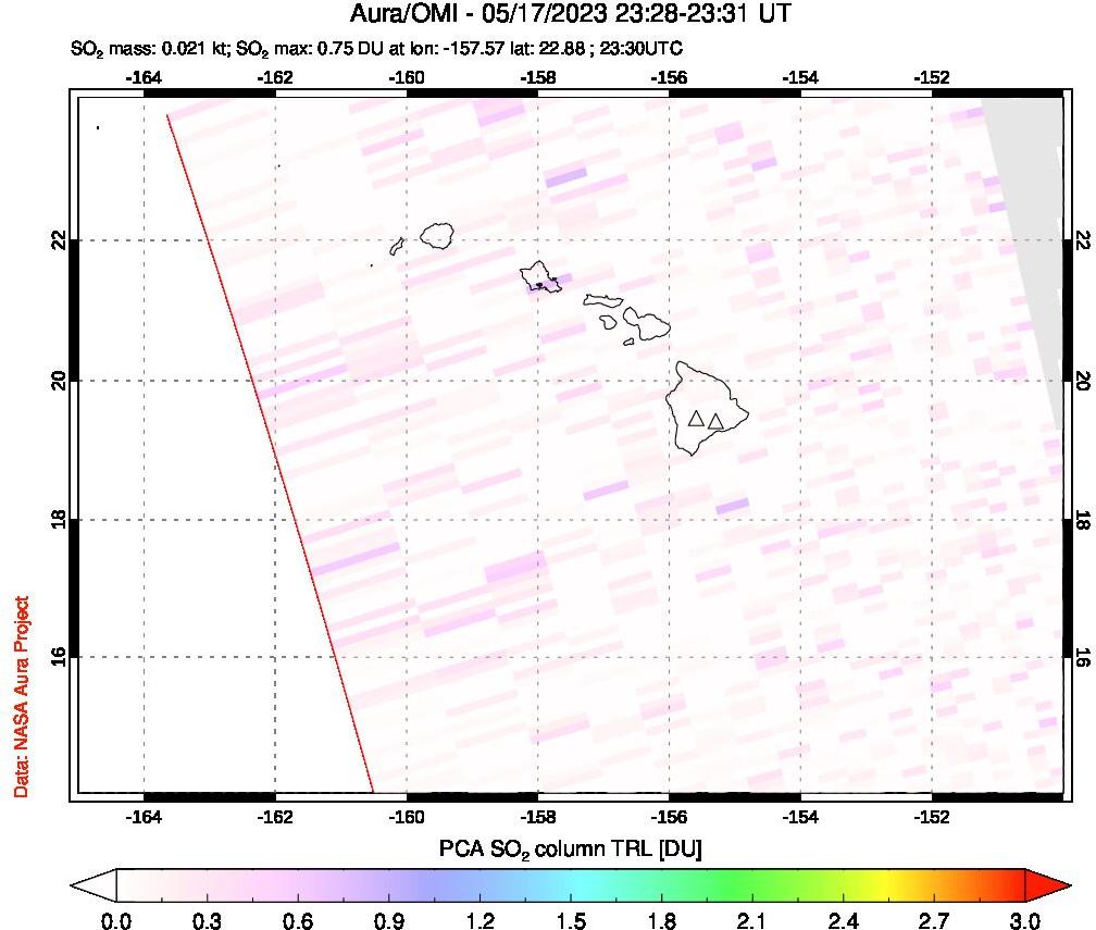 A sulfur dioxide image over Hawaii, USA on May 17, 2023.