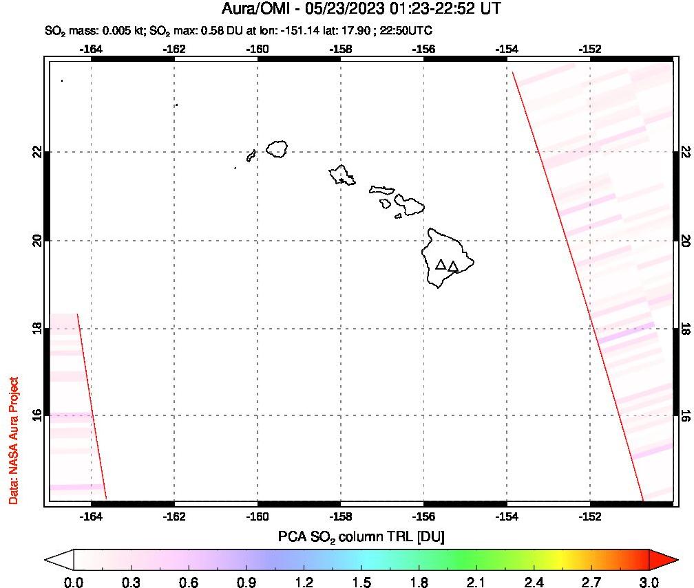 A sulfur dioxide image over Hawaii, USA on May 23, 2023.