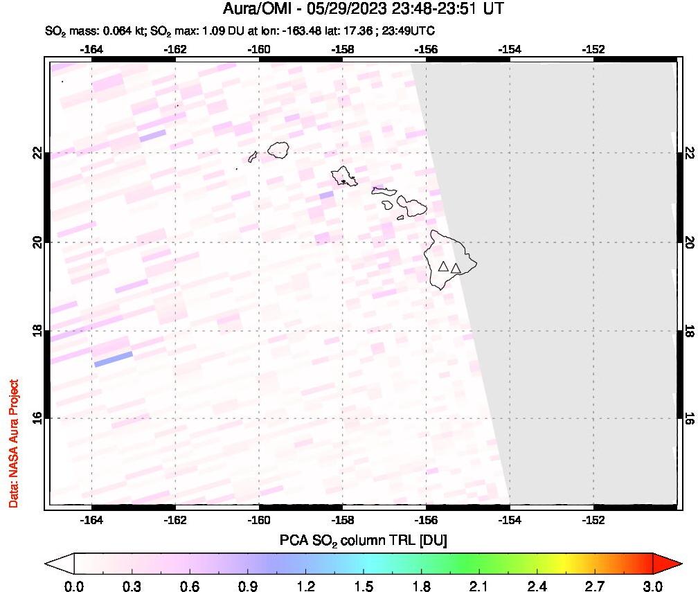 A sulfur dioxide image over Hawaii, USA on May 29, 2023.