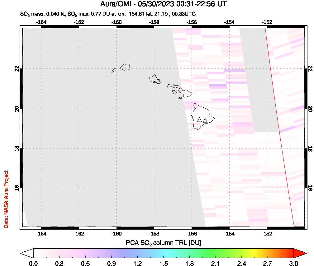 A sulfur dioxide image over Hawaii, USA on May 30, 2023.
