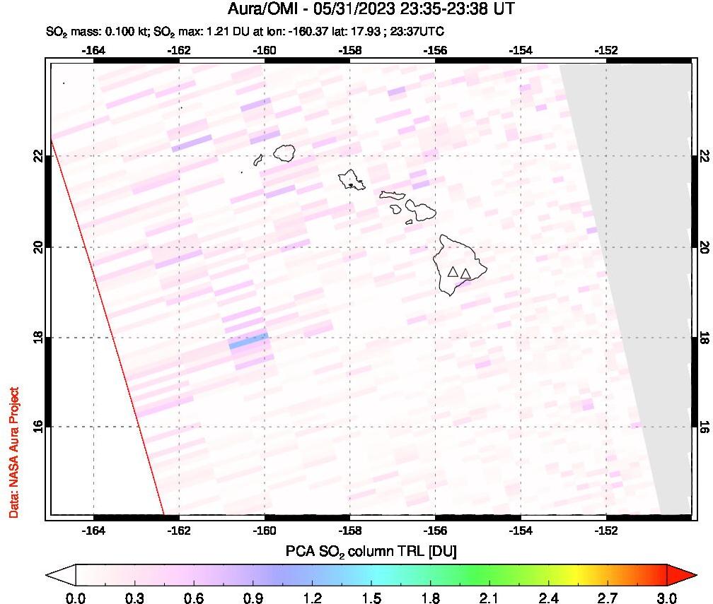 A sulfur dioxide image over Hawaii, USA on May 31, 2023.