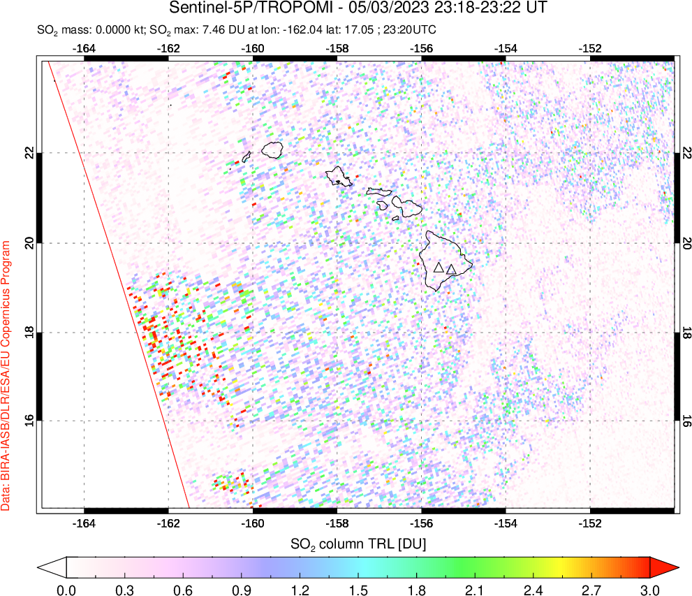 A sulfur dioxide image over Hawaii, USA on May 03, 2023.