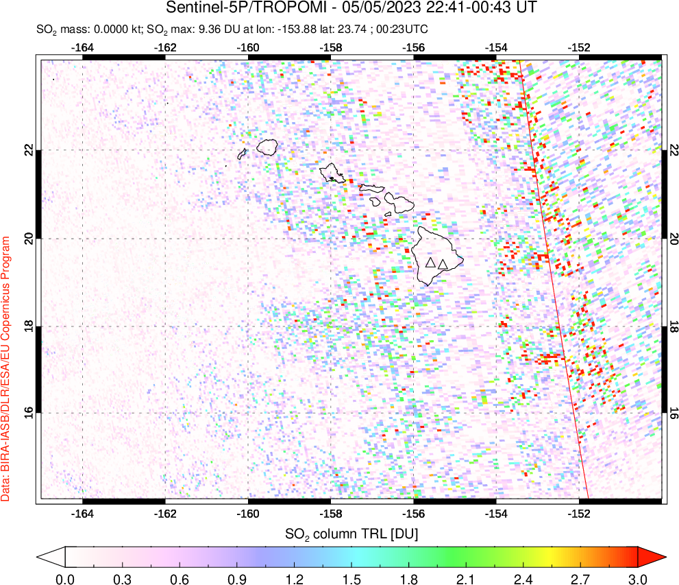A sulfur dioxide image over Hawaii, USA on May 05, 2023.
