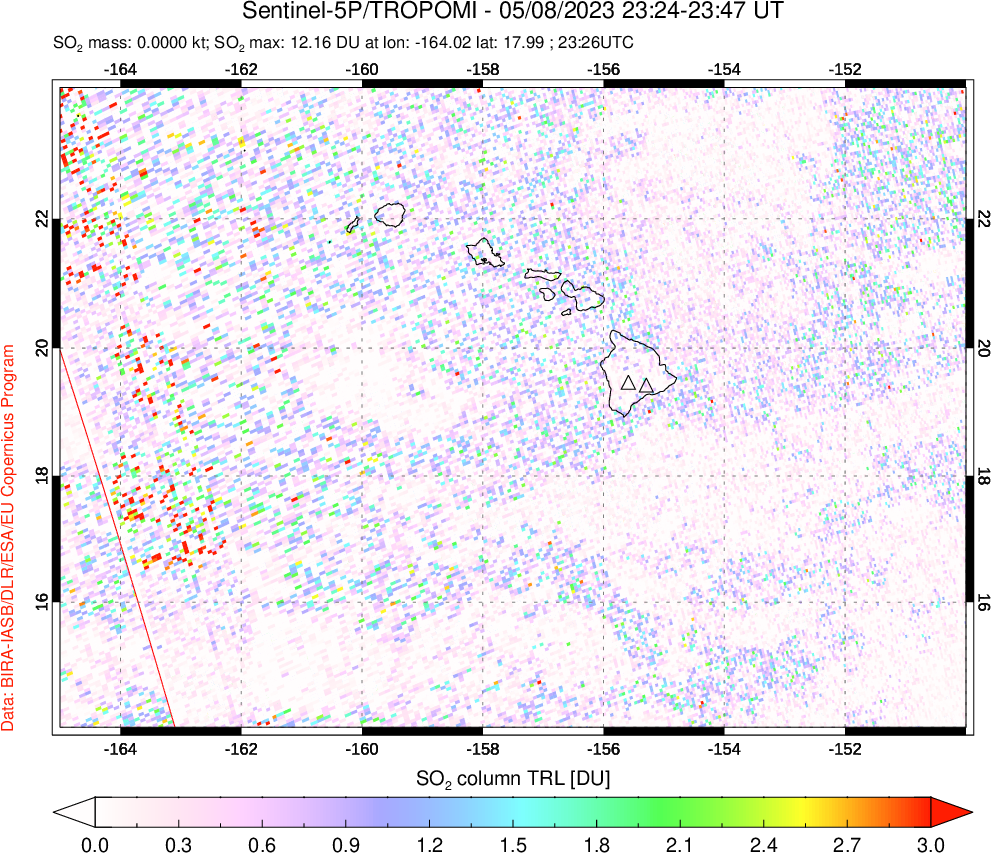 A sulfur dioxide image over Hawaii, USA on May 08, 2023.