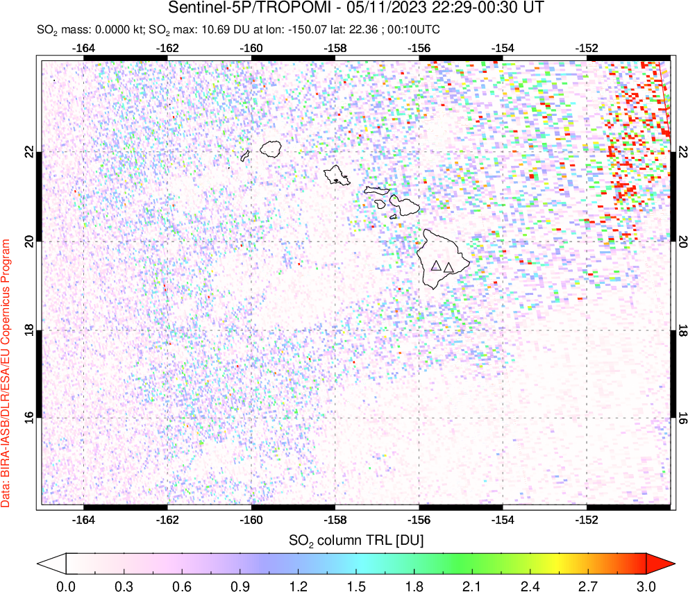A sulfur dioxide image over Hawaii, USA on May 11, 2023.