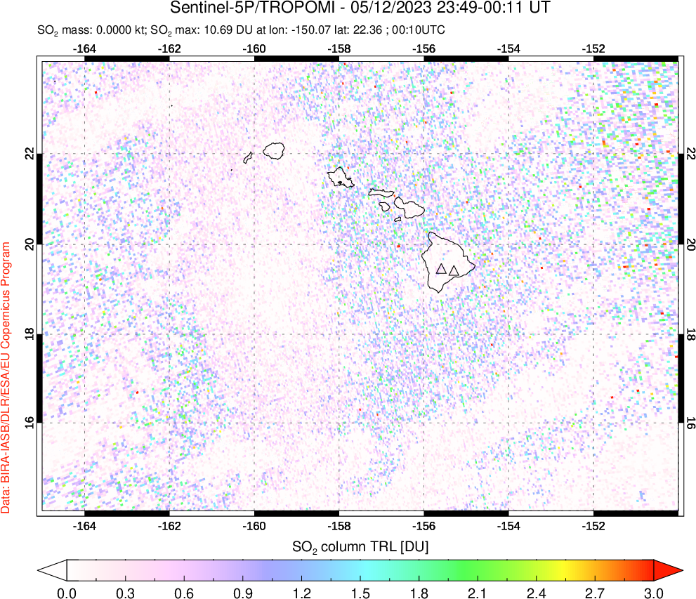 A sulfur dioxide image over Hawaii, USA on May 12, 2023.