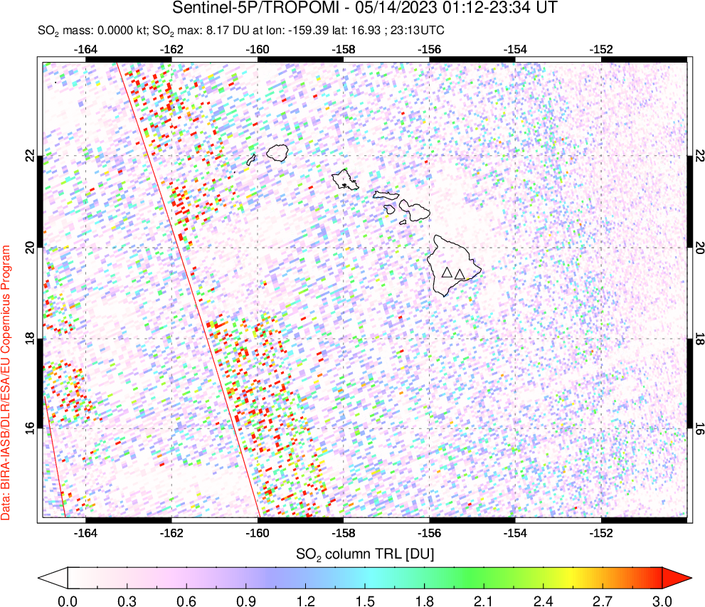 A sulfur dioxide image over Hawaii, USA on May 14, 2023.