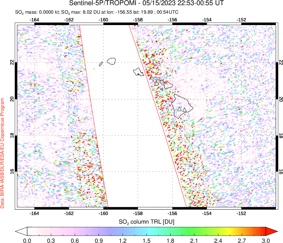 A sulfur dioxide image over Hawaii, USA on May 15, 2023.