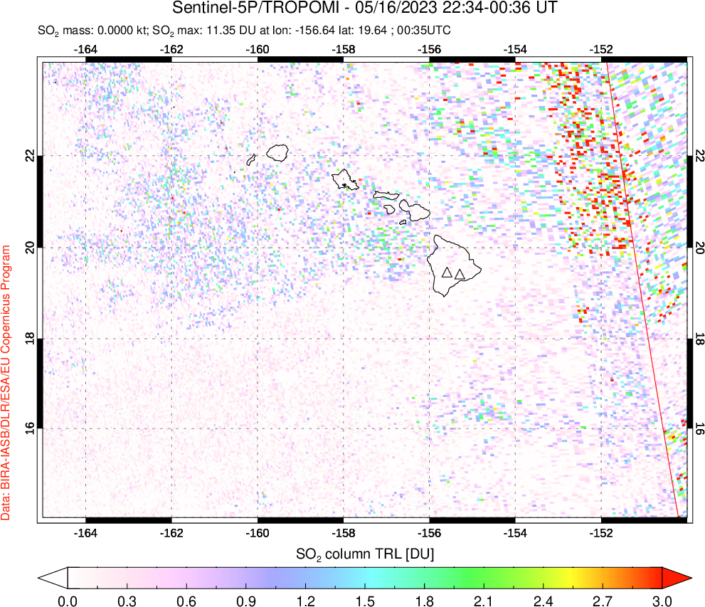 A sulfur dioxide image over Hawaii, USA on May 16, 2023.