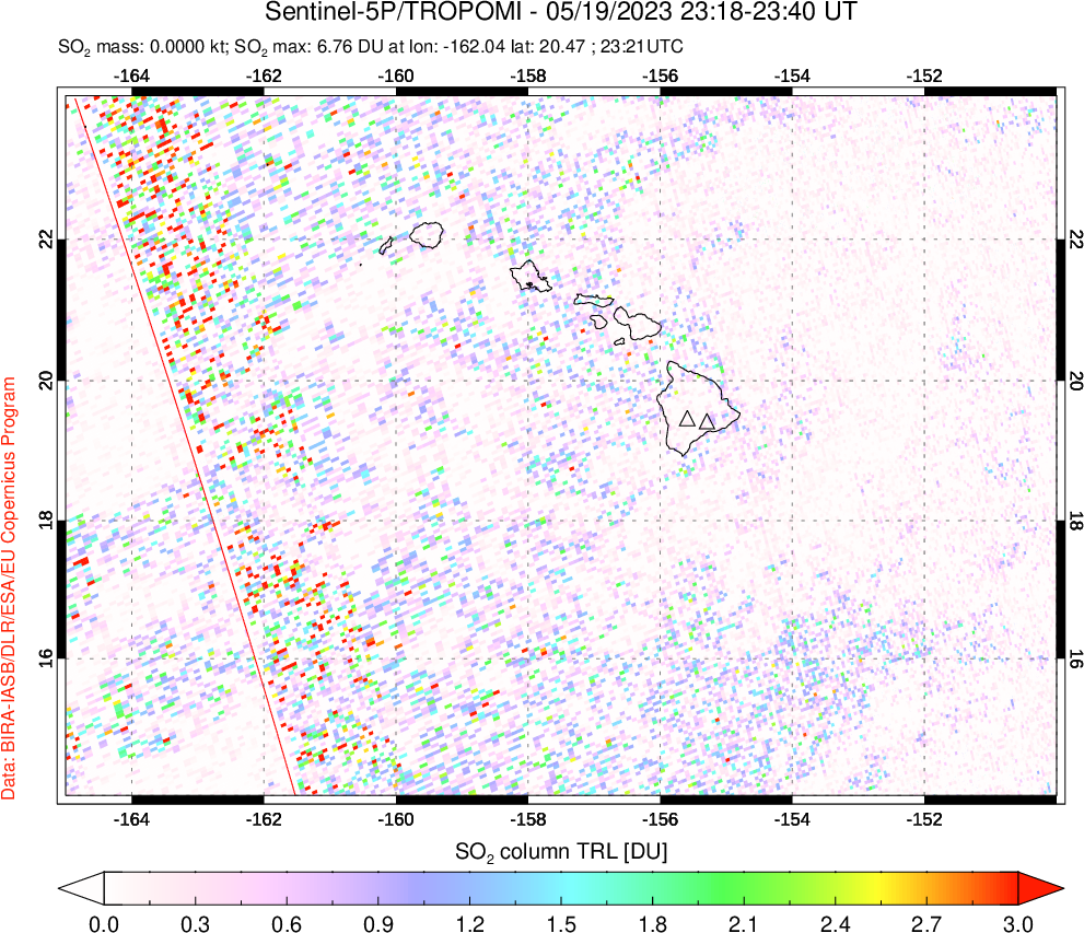 A sulfur dioxide image over Hawaii, USA on May 19, 2023.