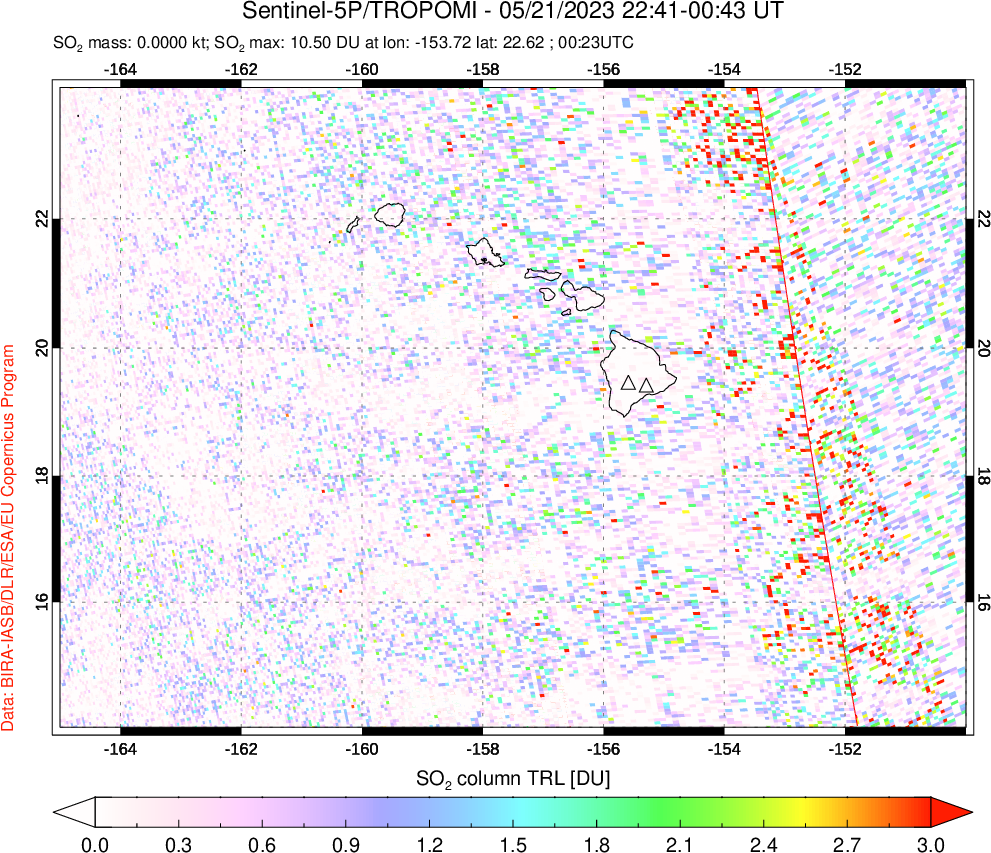 A sulfur dioxide image over Hawaii, USA on May 21, 2023.