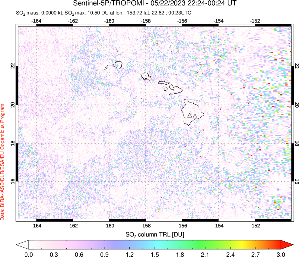 A sulfur dioxide image over Hawaii, USA on May 22, 2023.