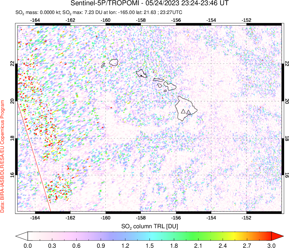 A sulfur dioxide image over Hawaii, USA on May 24, 2023.