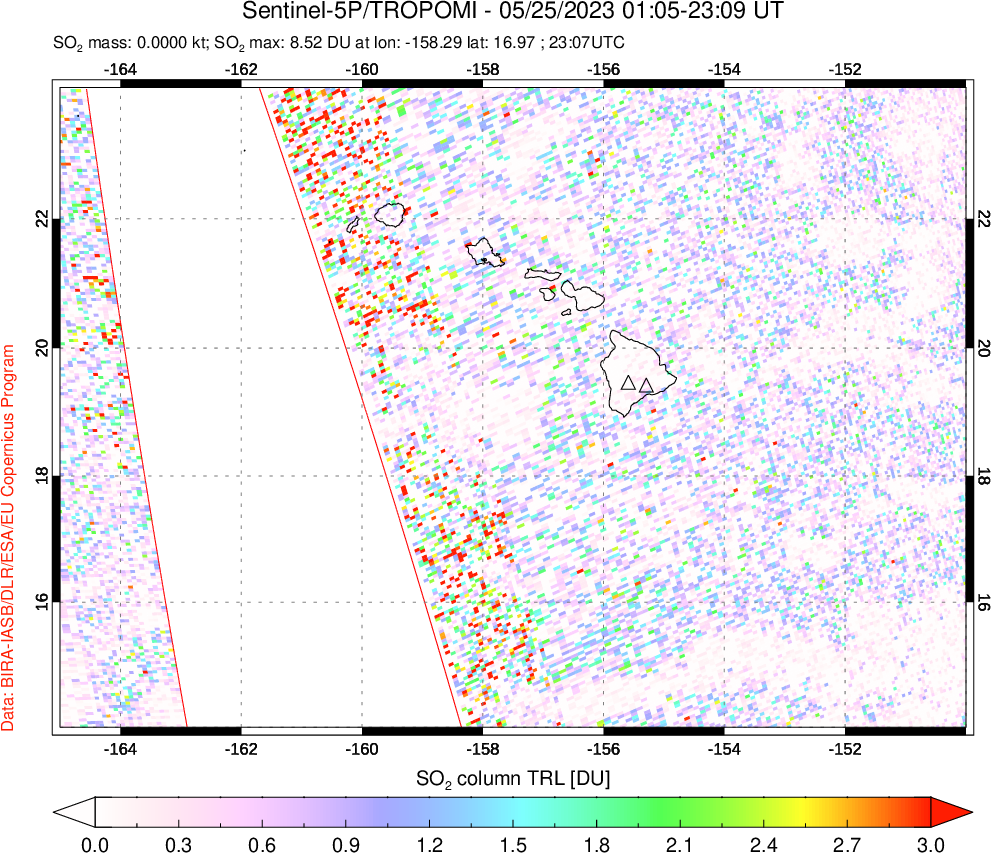 A sulfur dioxide image over Hawaii, USA on May 25, 2023.